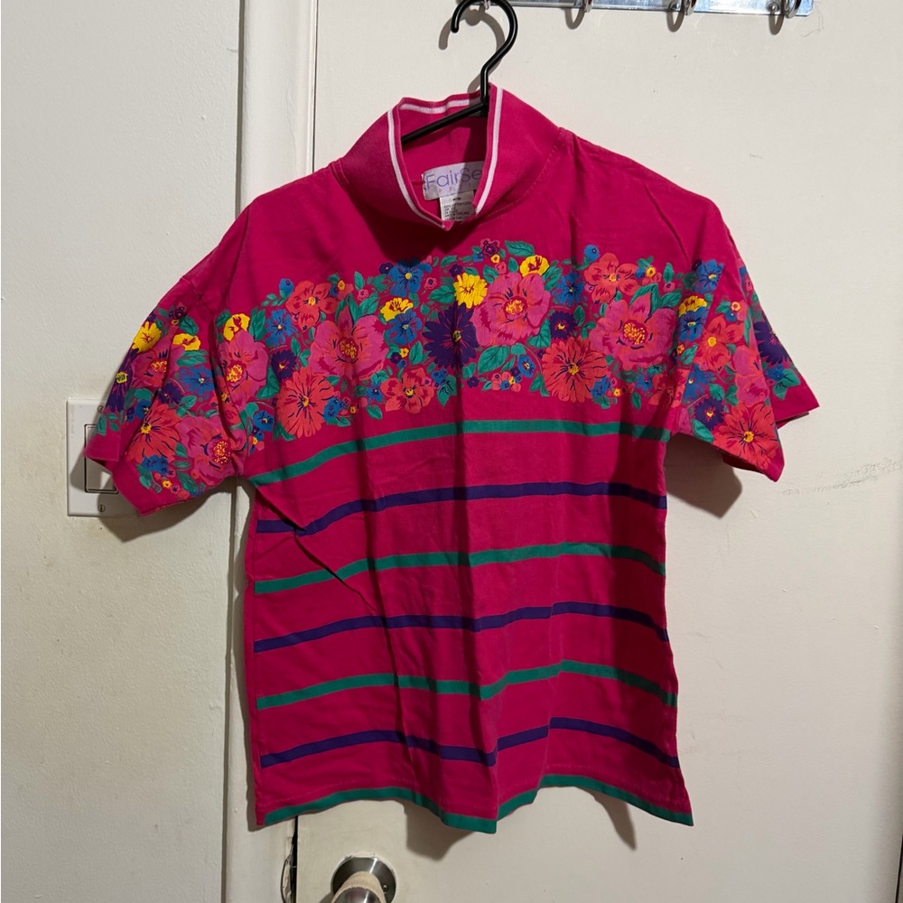 Girls' Faded Glory Bright Pink Floral Stripe Tee